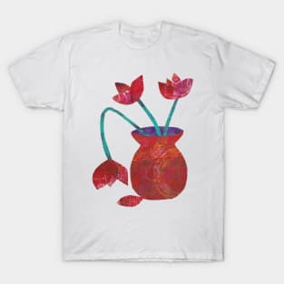 Red tulips in vase mixed media collage T-Shirt